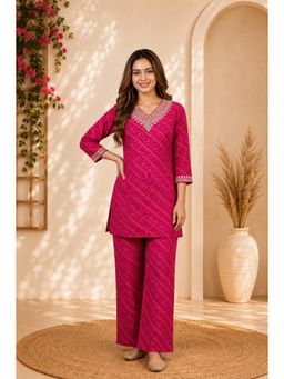 Gahan - Womens Pink Chanderi Embroidered V-Neck Ethnic Co-Ord Set