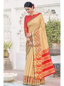Sangam Prints - Beige Khadi Silk Woven Work Traditional Saree with Unstitched Blouse