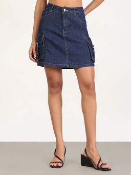 SHOWOFF - Women Navy Blue Solid Mini Skirt