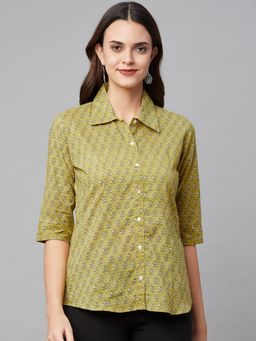 Divena - Mehndi Green Block Printed Casual Women Shirt