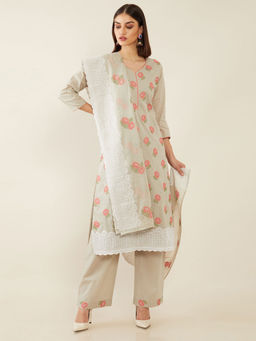 Soch - Grey Machine Embroidery Cotton Unstitched Dress Material - 3 Meter Kurta Fabric