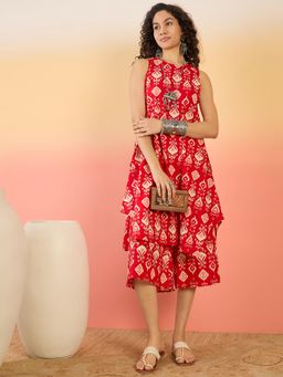 InWeave - Red Ikat Print Round Neck Kurta with Palazzo (Set of 2)