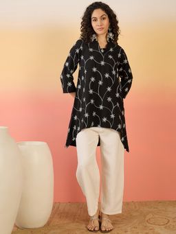 InWeave - Black Embroidery Mandarin White Kurta with Pant (Set of 2)