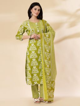 Yufta - Women Green Cotton Printed Kurta with Pant and Dupatta (Set of 3)