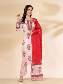 Yufta - Women White Cotton Floral Kurta with Pant and Dupatta (Set of 3)