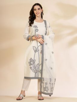 Yufta - Women Off White Cotton Floral Kurta with Pant and Dupatta (Set of 3)