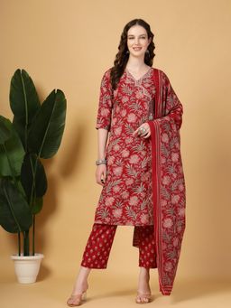Yufta - Women Maroon Cotton Floral Kurta with Pant and Dupatta (Set of 3)