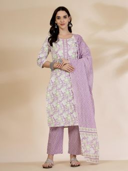 Yufta - Women Lavender Cotton Floral Kurta with Pant and Dupatta (Set of 3)