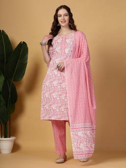 Yufta - Women Pink Cotton Floral Kurta with Pant and Dupatta (Set of 3)