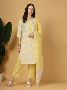Yufta - Women Yellow Cotton Floral Kurta with Pant and Dupatta (Set of 3)