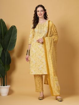 Yufta - Women Yellow Cotton Floral Kurta with Pant and Dupatta (Set of 3)