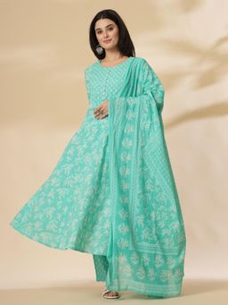 Yufta - Women Green Cotton Floral Anarkali Kurta with Pant and Dupatta (Set of 3)
