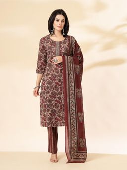 Yufta - Women Maroon Cotton Floral Kurta with Pant and Dupatta (Set of 3)