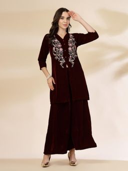 Yufta - Women Maroon Velvet Embroidered Tunic with Palazzo (Set of 2)