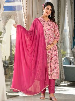 Odette - Women Pink Silk Blend Floral Anarkali Kurta with Pant and Dupatta (Set of 3)