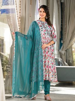 Odette - Women Multi-Color Silk Blend Floral Anarkali Kurta with Pant and Dupatta (Set of 3)