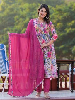 Odette - Women Multi-Color Georgette Floral Anarkali Kurta with Pant and Dupatta (Set of 3)