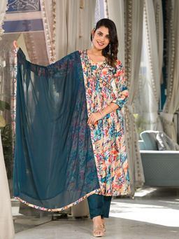 Odette - Women Multi-Color Georgette Floral Anarkali Kurta with Pant and Dupatta (Set of 3)