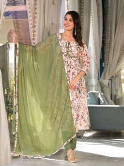 Odette - Women Cream Georgette Floral Anarkali Kurta with Pant and Dupatta (Set of 3)