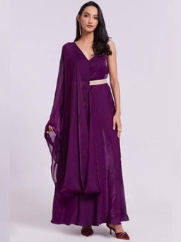 Odette - Women Wine Organza Solid Kurta with Pant and Dupatta (Set of 3)