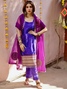 Odette - Women Purple Satin Embroidered Top with Bottom and Dupatta (Set of 3)