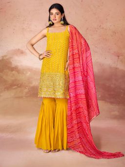 Odette - Women Yellow Georgette Embroidered Kurta with Sharara and Dupatta (Set of 3)
