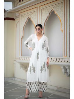HOUSE OF BAISA - Women White Mulmul Printed Kurta with Palazzo (Set of 2)