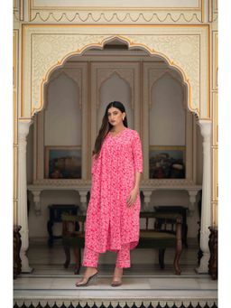 HOUSE OF BAISA - Women Pink Cotton Floral Kurta with Pant (Set of 2)