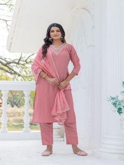 BLACK SCISSOR - Women Rose Gold Cotton Blend Sequined Kurta with Pant and Dupatta (Set of 3)