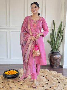 BLACK SCISSOR - Women Pink Chanderi Silk Sequined Kurta with Pant and Dupatta (Set of 3)
