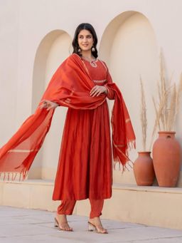 BLACK SCISSOR - Women Orange Art Silk Sequined Kurta with Pant and Dupatta (Set of 3)