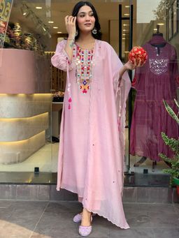 BLACK SCISSOR - Women Pink Chanderi Silk Sequined Kurta with Pant and Dupatta (Set of 3)
