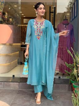 BLACK SCISSOR - Women Aqua Chanderi Silk Sequined Kurta with Pant and Dupatta (Set of 3)