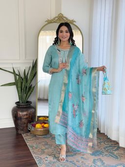 BLACK SCISSOR - Women Blue Viscose Rayon Sequined Kurta with Pant and Dupatta (Set of 3)