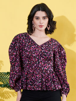 ANVI Be Yourself - Women Floral Printed Multicolor V Neck Crepe Casual Peplum Top