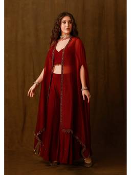 AFRIYA - Zarkha Maroon Blouse with Sharara and Cape