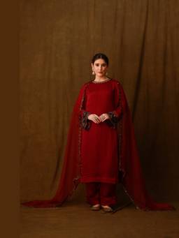 AFRIYA - Zarkha Maroon Kurta with Pant and Dupatta