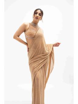 ITRH - Gold Margot Beaded Pre Drape Saree with Stitched Blouse