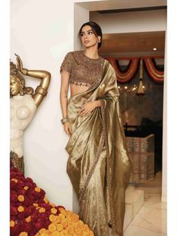 ITRH - Gold Svarnalekha Jadaau Pre Drape Saree with Stitched Blouse