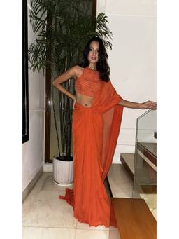 ITRH - Orange Naranjas Beaded Pre Drape Saree with Stitched Blouse