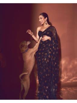 ITRH - Black Dottie Pre Drape Saree with Stitched Blouse