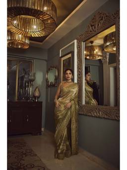 ITRH - Green Saanjh Sheesh Saree with Stitched Blouse
