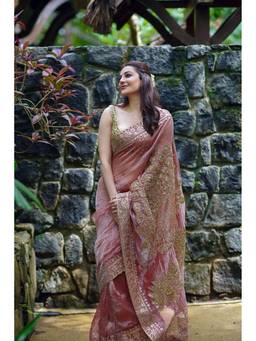 ITRH - Pink Mayur Shilp Pre Drape Saree with Stitched Blouse