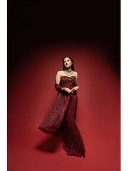 ITRH - Red Crimson Stardust Pre Drape Saree with Stitched Blouse