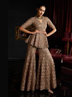 dash and dot - Brown Embroidered Lace Flared Sharara