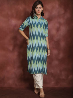 Bhayli - Authentic Women's Blue & Green Ikat Cotton Kurta