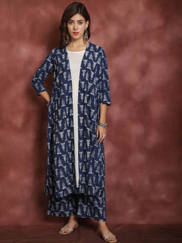 Bhayli - Women's Blue Printed Cotton Handblock Shrug and Pant with White Cotton Slip (Set of 3)
