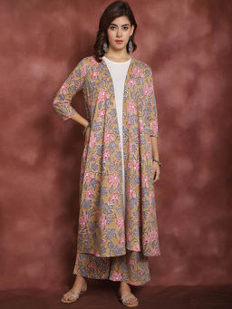 Bhayli - Women's Beige & Pink Floral Cotton Shrug and Pant with White Cotton Slip (Set of 3)