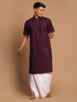 Vastramay - Mens Purple & White Cotton Linen Kurta with Mundu (Set of 2)