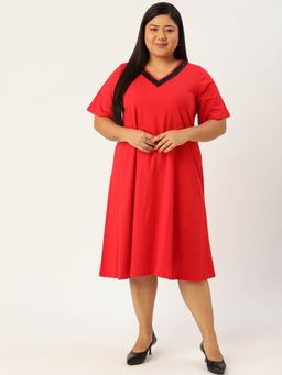 theRebelinme - Womens Red Solid Color Kardana Tape A-line Midi Dress
